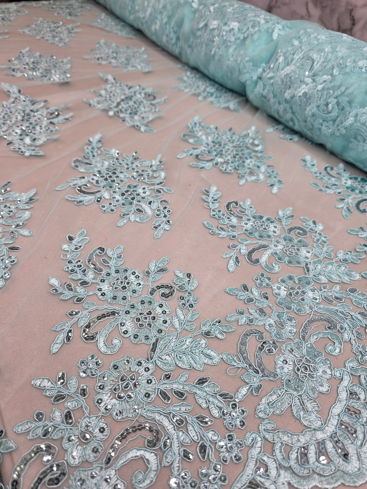 Tul Bordado Con Diseño Floral Con Lentejuela Color Acua - HH039 — Palacio Glamour