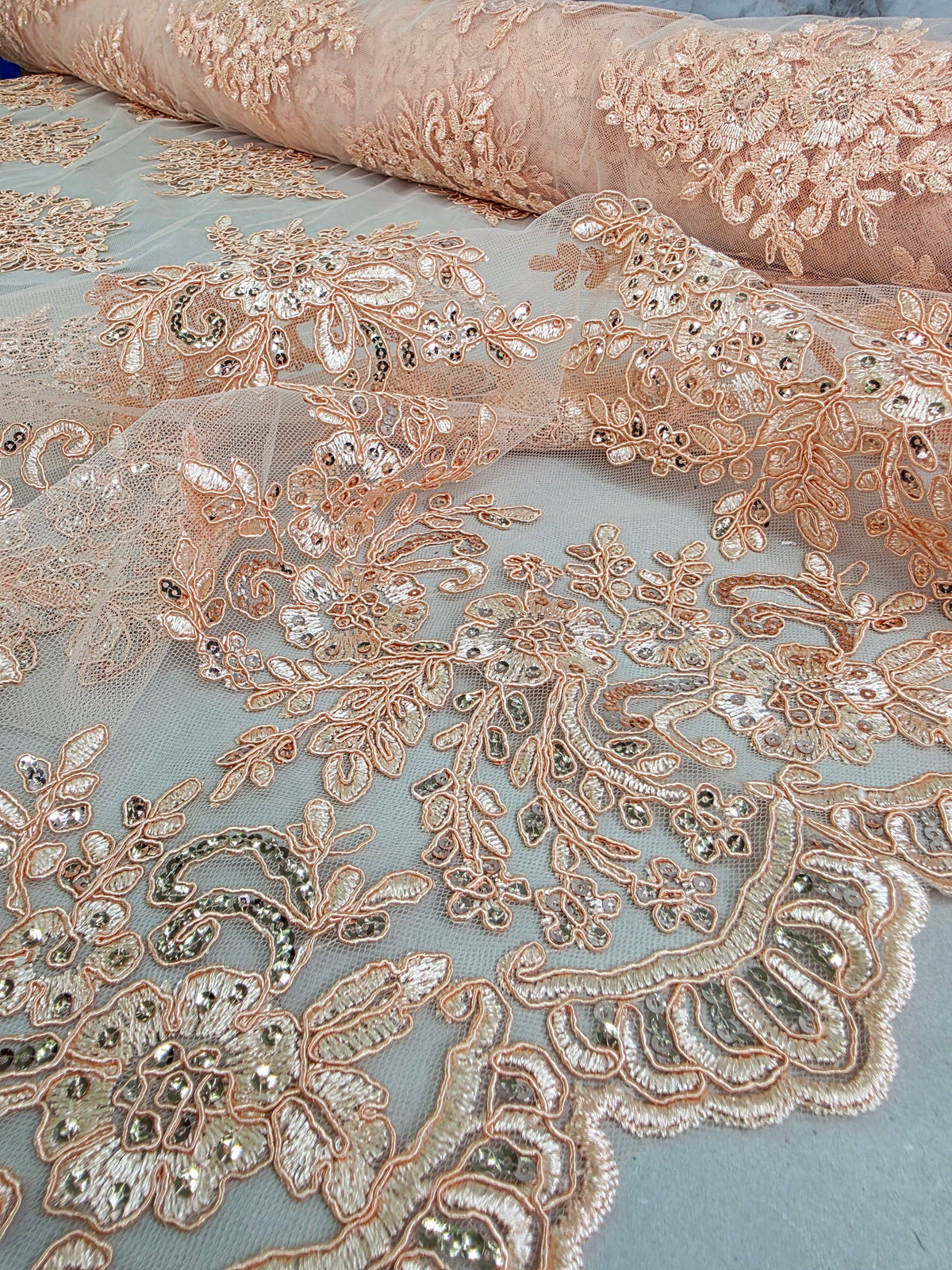 Tul Bordado Con Diseño Floral Con Lentejuela Color Nude - HH039 — Palacio Glamour