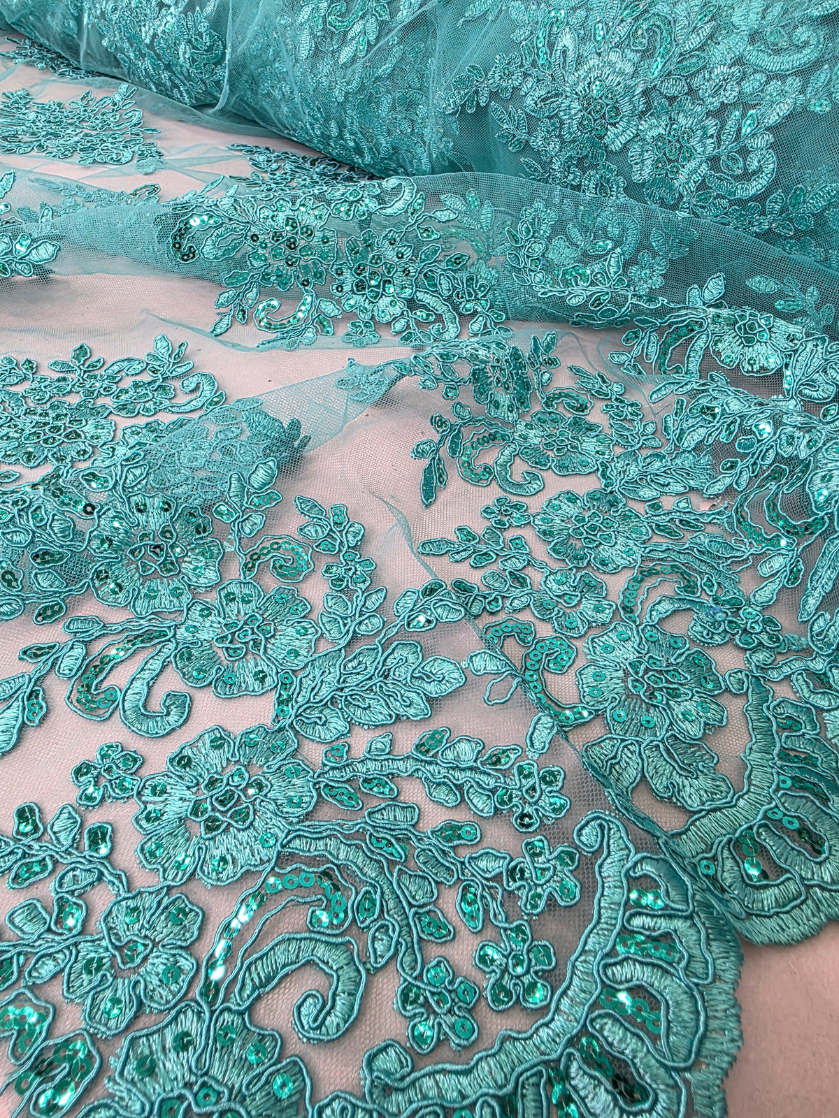 Tul Bordado Con Diseño Floral Con Lentejuela Color Esmeralda - HH039 — Palacio Glamour