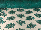 Tul Bordado Con Floral 3D, Mariposas, Pedrería, Lentejuela Y Perlas Color Verde Esmeralda- HH157 — Palacio Glamour