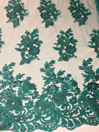 Tul Bordado Con Floral 3D, Mariposas, Pedrería, Lentejuela Y Perlas Color Verde Esmeralda- HH157 — Palacio Glamour