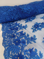 Tul Bordado Con Floral 3D, Mariposas, Pedrería, Lentejuela Y Perlas Color Azul Rey- HH157 — Palacio Glamour