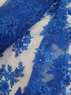 Tul Bordado Con Floral 3D, Mariposas, Pedrería, Lentejuela Y Perlas Color Azul Rey- HH157 — Palacio Glamour