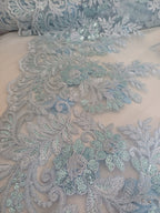 Tul Bordado Con Floral 3D, Mariposas, Pedrería, Lentejuela Y Perlas Color Azul Cielo - HH157 — Palacio Glamour