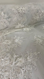 Tul Bordado Con Floral 3D, Lentejuela Y Perlas Color Hueso- HH158 — Palacio Glamour