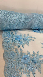 Tul Bordado Con Floral 3D, Lentejuela Y Perlas Color Azul Cielo- HH158 — Palacio Glamour