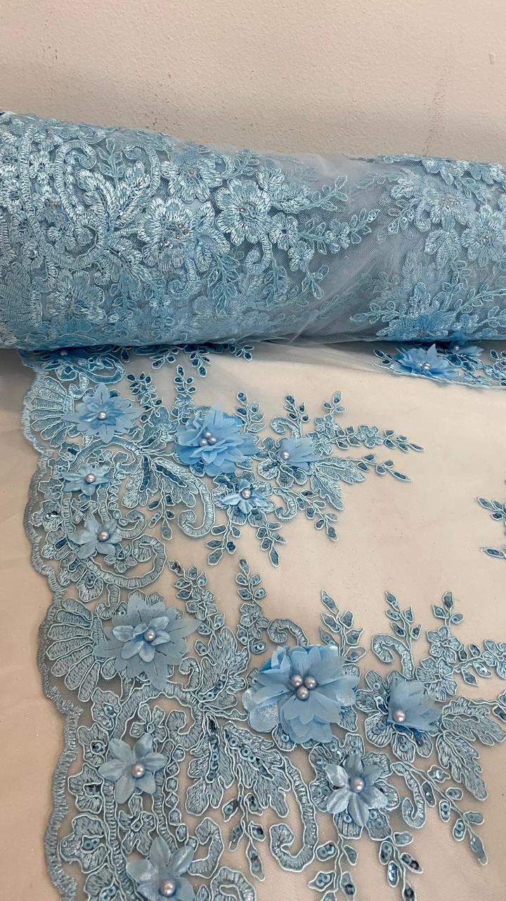 Tul Bordado Con Floral 3D, Lentejuela Y Perlas Color Azul Cielo- HH158 — Palacio Glamour