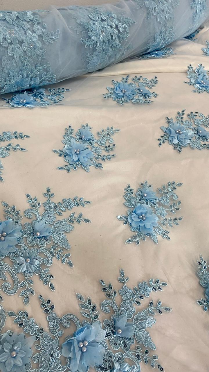 Tul Bordado Con Floral 3D, Lentejuela Y Perlas Color Azul Cielo- HH158 — Palacio Glamour