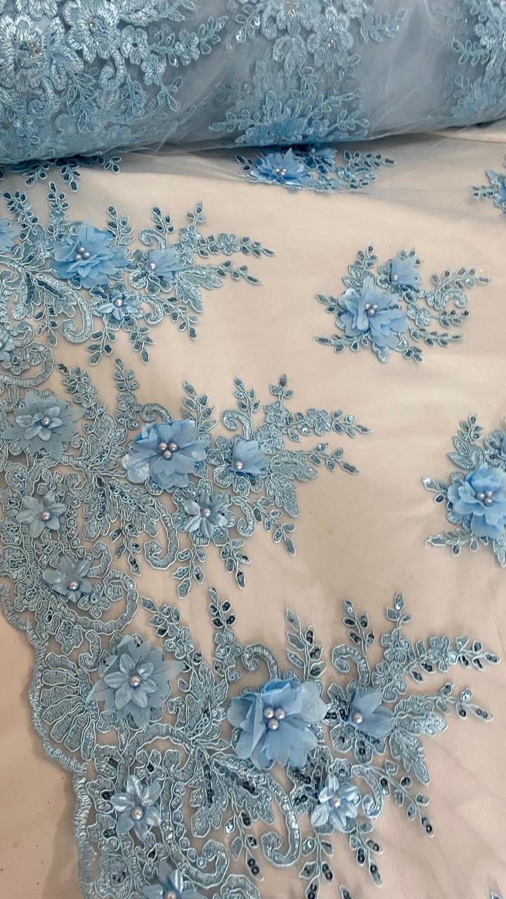 Tul Bordado Con Floral 3D, Lentejuela Y Perlas Color Azul Cielo- HH158 — Palacio Glamour