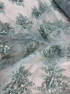 Tul Bordado Con Floral 3D, Lentejuela Y Perlas Color Sage- HH158 — Palacio Glamour