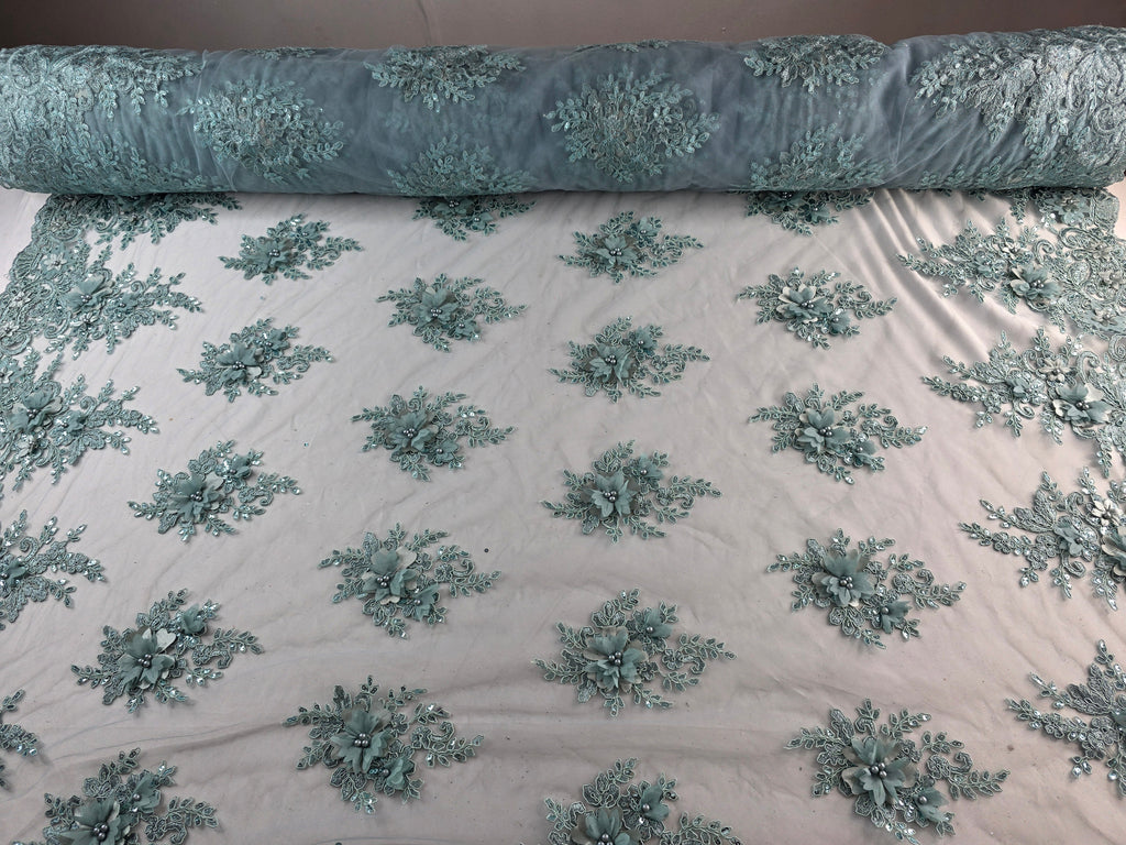 Tul Bordado Con Floral 3D, Lentejuela Y Perlas Color Sage- HH158 — Palacio Glamour