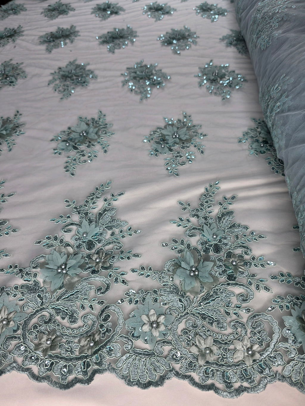Tul Bordado Con Floral 3D, Lentejuela Y Perlas Color Sage- HH158 — Palacio Glamour