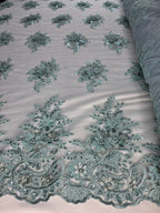Tul Bordado Con Floral 3D, Lentejuela Y Perlas Color Sage- HH158 — Palacio Glamour