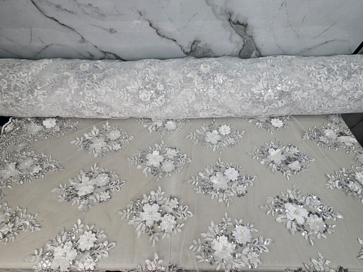 Tul Bordado Con Floral 3D, Lentejuela Y Perlas Color Plata- HH159 — Palacio Glamour