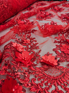 Tul Bordado Con Floral 3D, Lentejuela Y Perlas Color Rojo- HH159 — Palacio Glamour