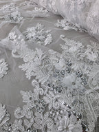 Tul Bordado Con Floral 3D, Lentejuela Y Perlas Color Hueso- HH160 — Palacio Glamour
