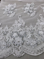 Tul Bordado Con Floral 3D, Lentejuela Y Perlas Color Hueso- HH160 — Palacio Glamour