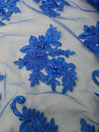 Tul Bordado Con Floral 3D, Lentejuela Y Perlas Color Azul Rey- HH160 — Palacio Glamour