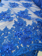 Tul Bordado Con Floral 3D, Lentejuela Y Perlas Color Azul Rey- HH160 — Palacio Glamour