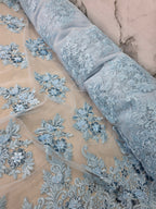 Tul Bordado Con Floral 3D, Lentejuela Y Perlas Color Azul Cielo- HH160 — Palacio Glamour