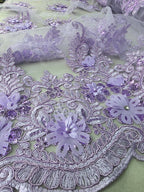 Tul Bordado Con Floral 3D, Lentejuela Y Perlas Color Lila- HH160 — Palacio Glamour