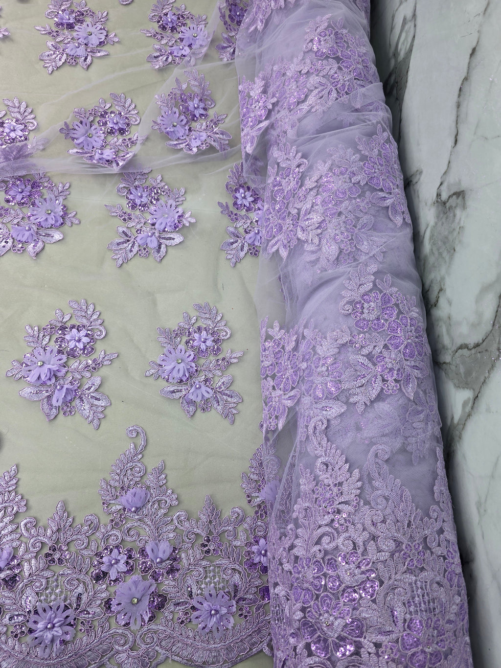 Tul Bordado Con Floral 3D, Lentejuela Y Perlas Color Lila- HH160 — Palacio Glamour