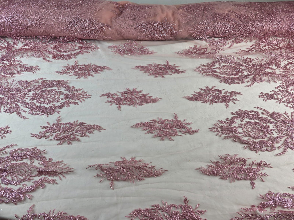 Tul Bordado Con Diseño En Acabado Glitter Color Rosa Piel- HH169 — Palacio Glamour