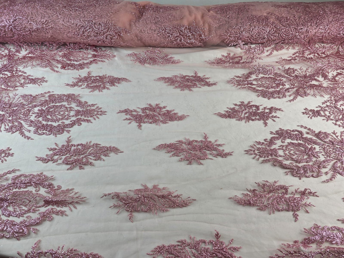 Tul Bordado Con Diseño En Acabado Glitter Color Rosa Piel- HH169 — Palacio Glamour