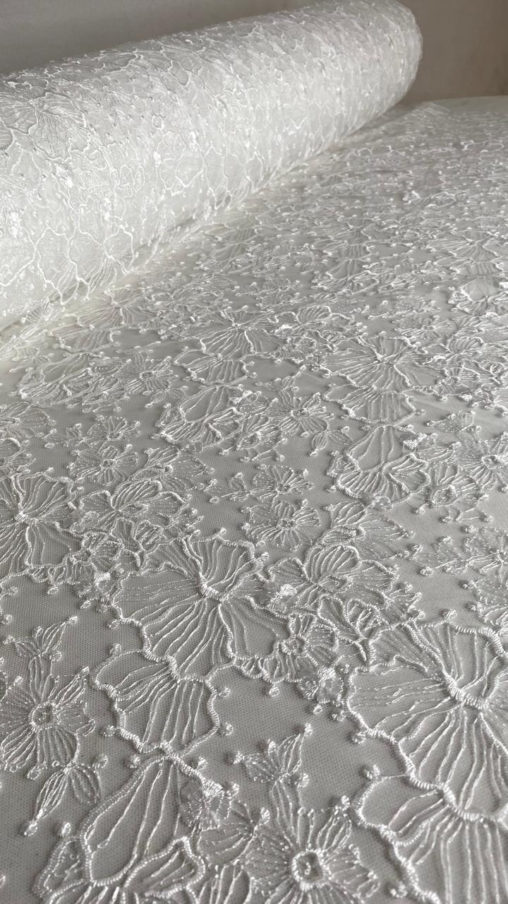 Tul Bordado Con Diseño Floral Color Blanco- HH173 — Palacio Glamour