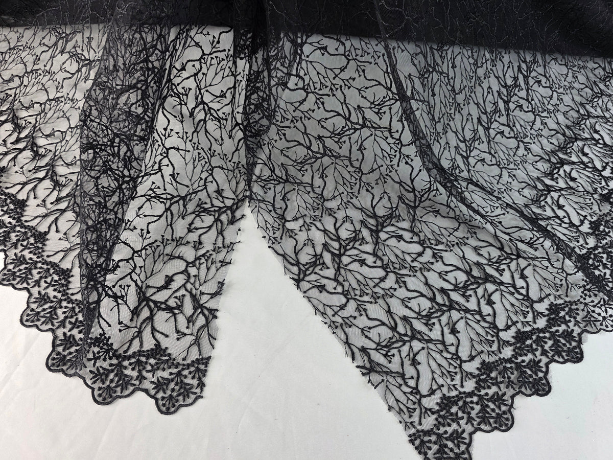 Tul Bordado Diseño Floral Con Ramajes Color Negro -HH175 — Palacio Glamour