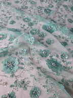 Tul Bordado Con Flores 3d, Lentejuela, Canutillo, Perlas, Chaquira Color Menta -HH191 — Palacio Glamour