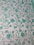 Tul Bordado Con Flores 3d, Lentejuela, Canutillo, Perlas, Chaquira Color Menta -HH191 — Palacio Glamour
