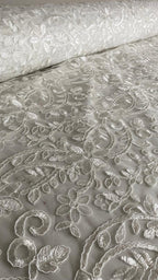 Tul Bordado Con Diseño Floral Con Lentejuela Color Blanco -HH193 — Palacio Glamour