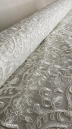 Tul Bordado Con Diseño Floral Con Lentejuela Color Blanco -HH193 — Palacio Glamour