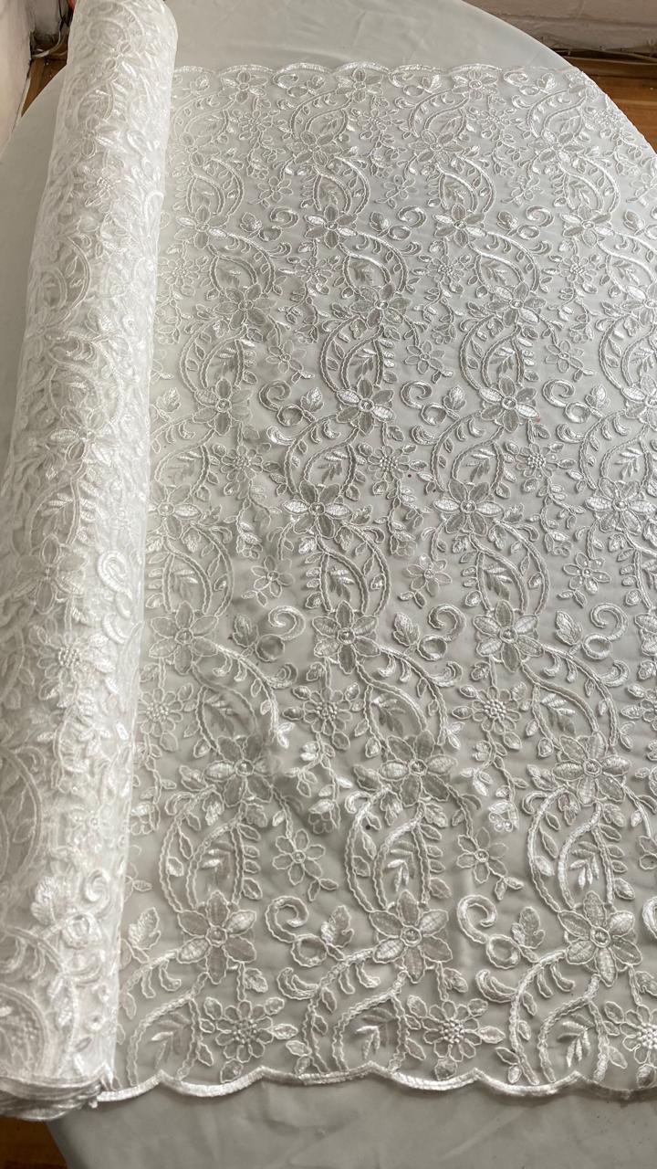 Tul Bordado Con Diseño Floral Con Lentejuela Color Hueso -HH193 — Palacio Glamour