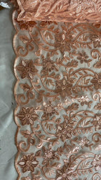 Tul Bordado Con Diseño Floral Con Lentejuela Color Melon -HH193 — Palacio Glamour