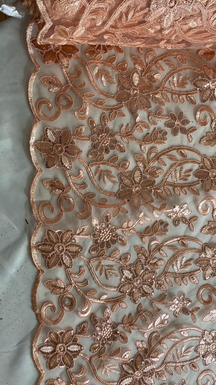 Tul Bordado Con Diseño Floral Con Lentejuela Color Melon -HH193 — Palacio Glamour