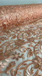 Tul Bordado Con Diseño Floral Con Lentejuela Color Melon -HH193 — Palacio Glamour