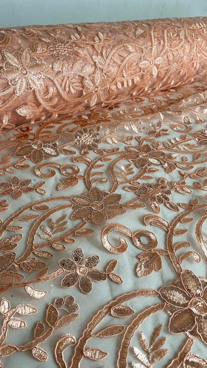 Tul Bordado Con Diseño Floral Con Lentejuela Color Melon -HH193 — Palacio Glamour