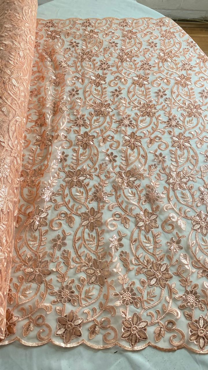 Tul Bordado Con Diseño Floral Con Lentejuela Color Melon -HH193 — Palacio Glamour