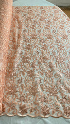 Tul Bordado Con Diseño Floral Con Lentejuela Color Melon -HH193 — Palacio Glamour