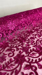 Tul Bordado Con Diseño Floral Con Lentejuela Color Fiusha -HH193 — Palacio Glamour