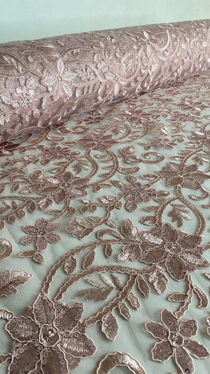 Tul Bordado Con Diseño Floral Con Lentejuela Color Palo de Rosa -HH193 — Palacio Glamour