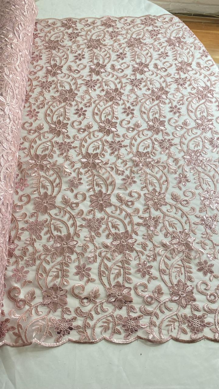Tul Bordado Con Diseño Floral Con Lentejuela Color Palo de Rosa -HH193 — Palacio Glamour
