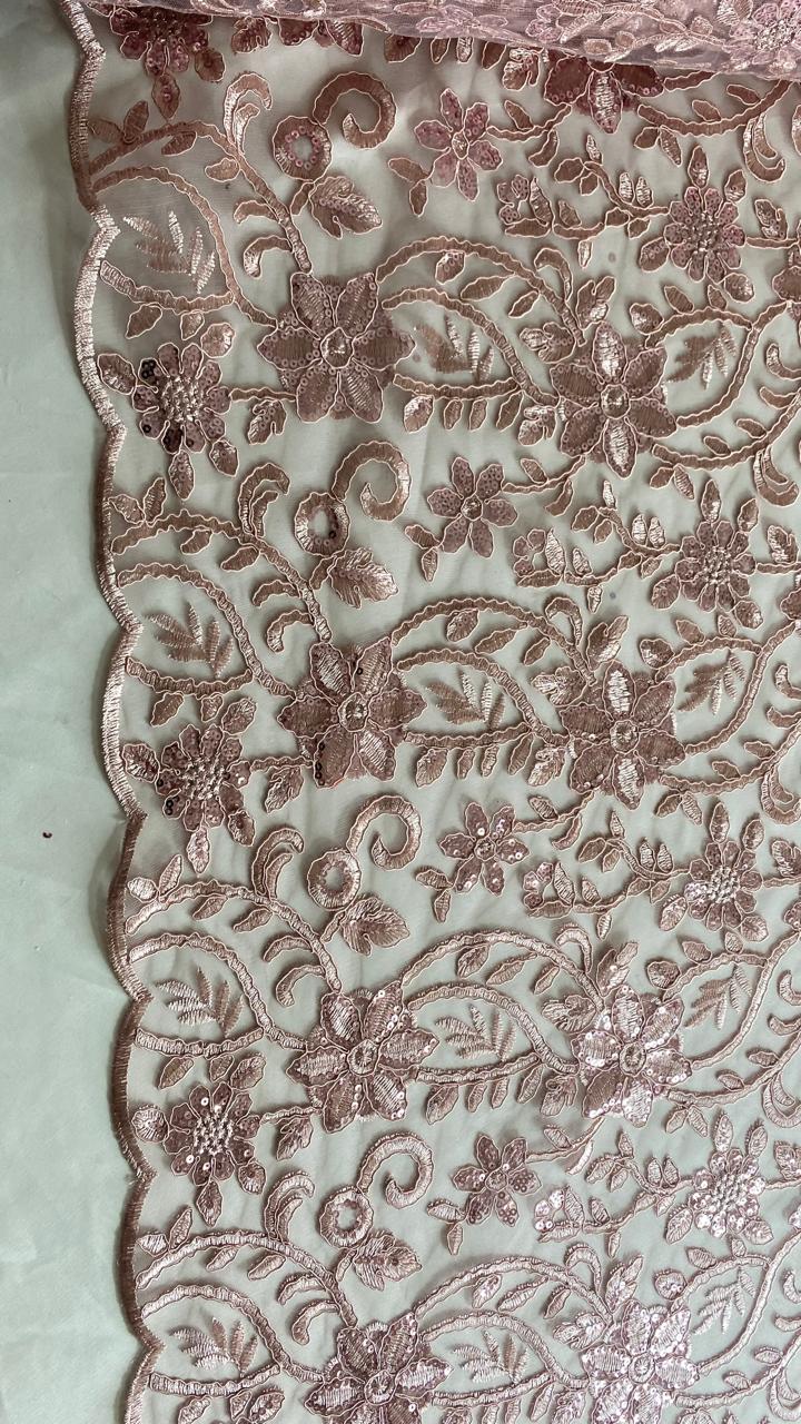 Tul Bordado Con Diseño Floral Con Lentejuela Color Palo de Rosa -HH193 — Palacio Glamour