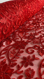 Tul Bordado Con Diseño Floral Con Lentejuela Color Rojo -HH193 — Palacio Glamour