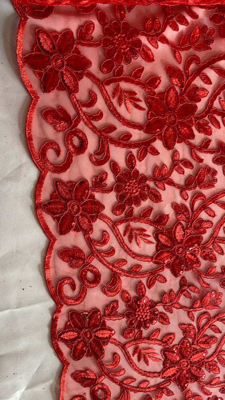 Tul Bordado Con Diseño Floral Con Lentejuela Color Rojo -HH193 — Palacio Glamour