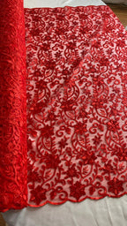 Tul Bordado Con Diseño Floral Con Lentejuela Color Rojo -HH193 — Palacio Glamour
