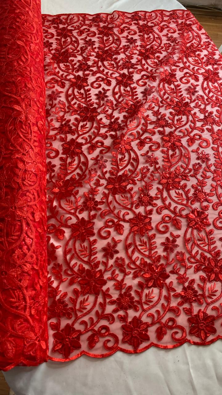 Tul Bordado Con Diseño Floral Con Lentejuela Color Rojo -HH193 — Palacio Glamour