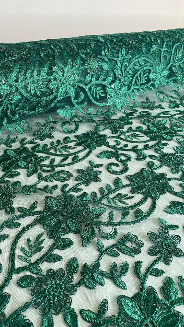 Tul Bordado Con Diseño Floral Con Lentejuela Color Botella -HH193 — Palacio Glamour